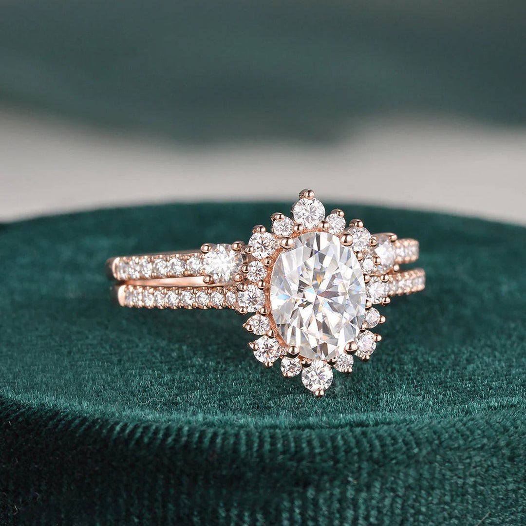 2.0 CT Oval Cut Halo Moissanite Bridal Ring Set Mapple Gems