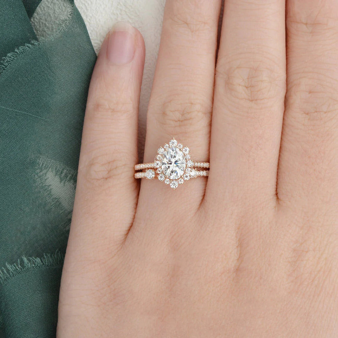 2.0 CT Oval Cut Halo Moissanite Bridal Ring Set Mapple Gems