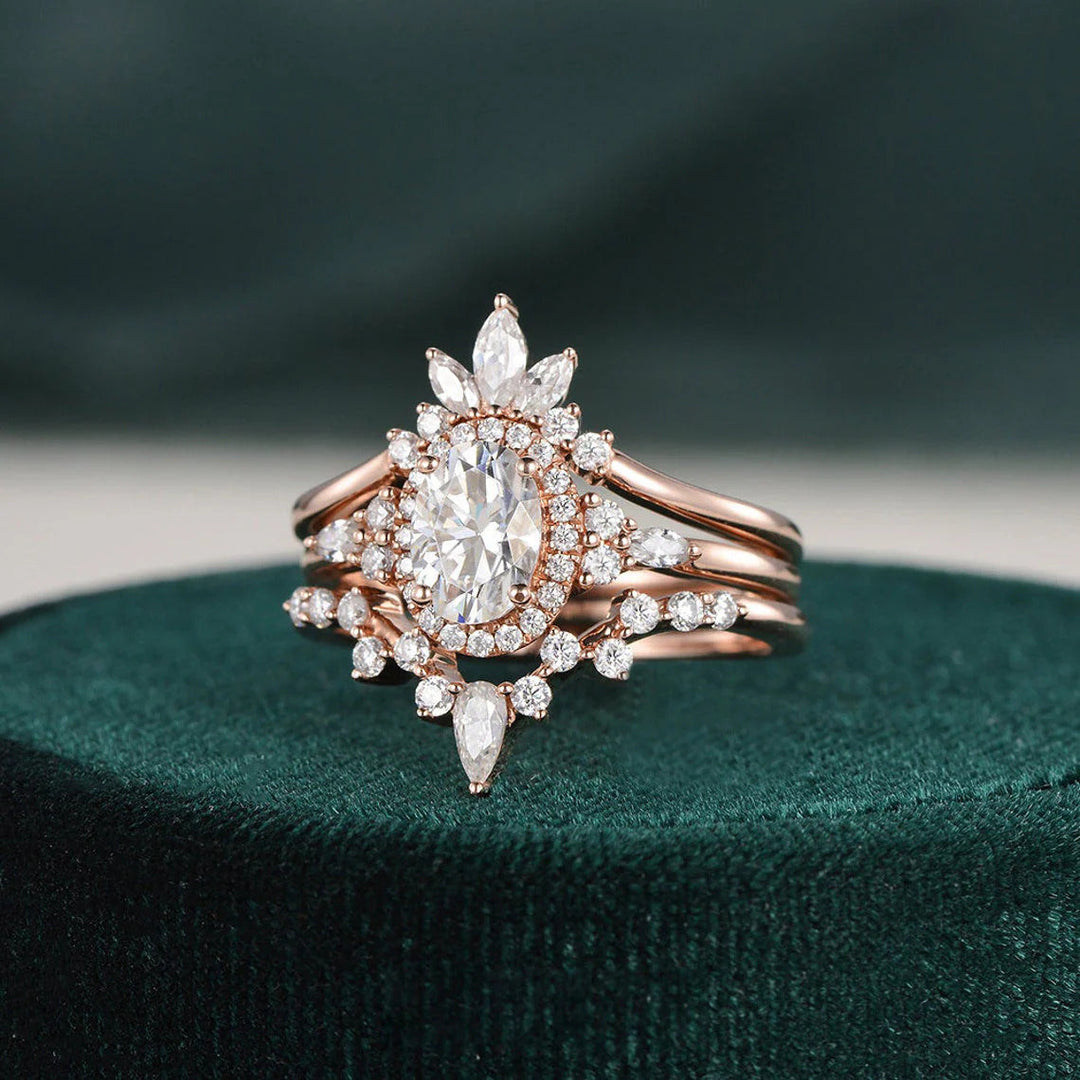 Oval Halo Moissanite Engagement Ring with Matching Wedding Band