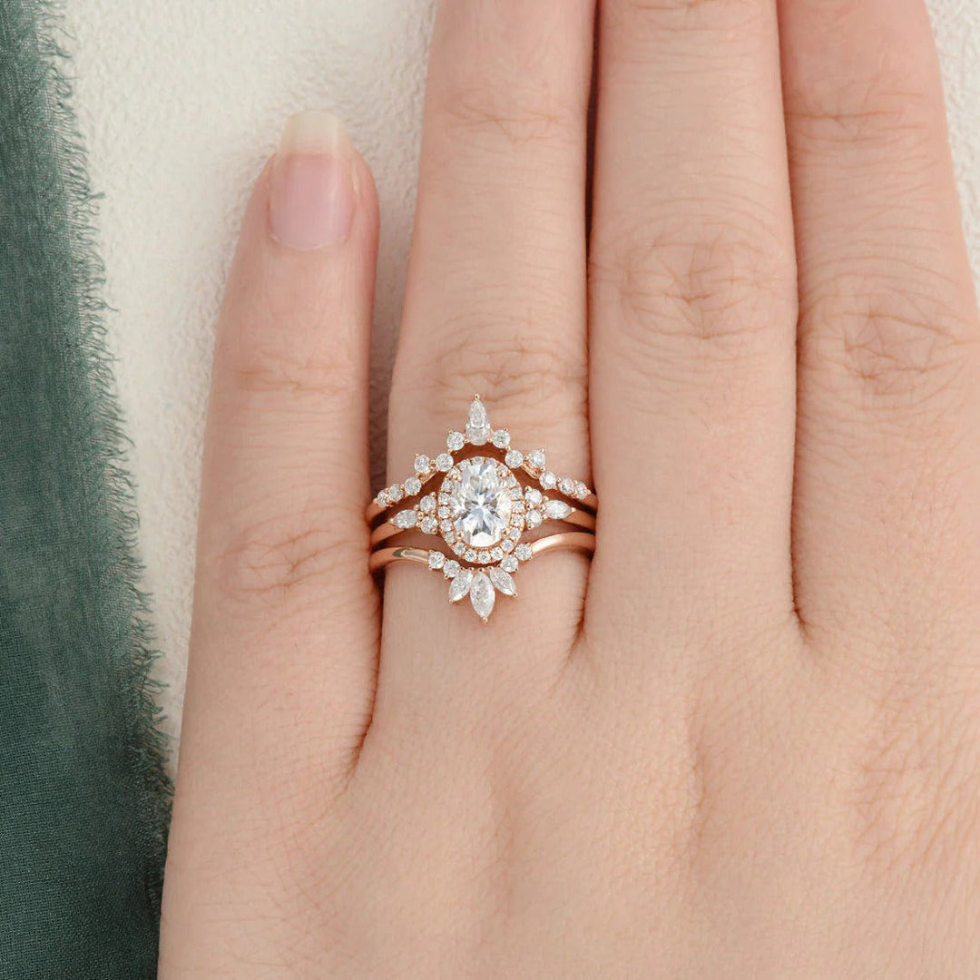 Oval Cut Moissanite Halo Engagement and Wedding Ring Set