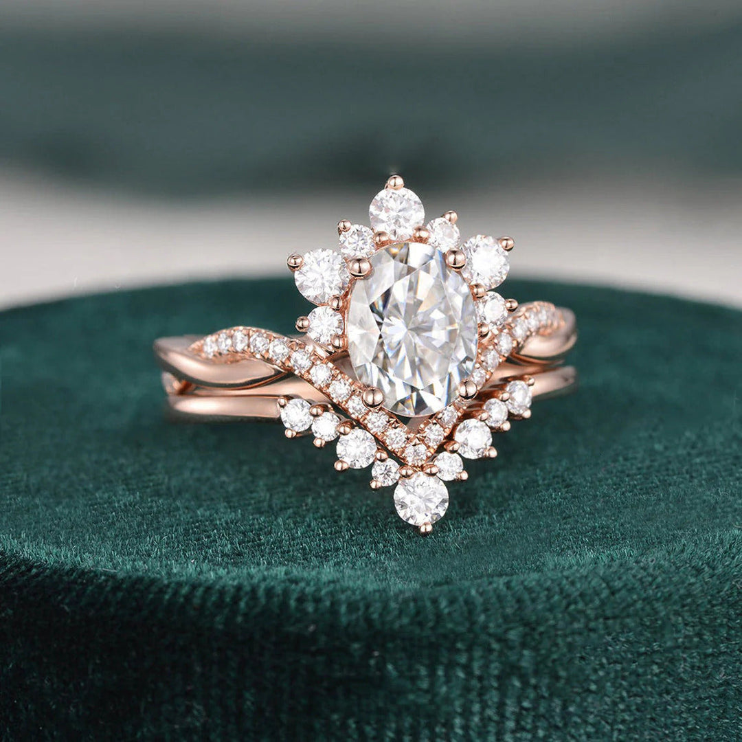 Oval Cut Moissanite Engagement Ring with Matching Wedding Band