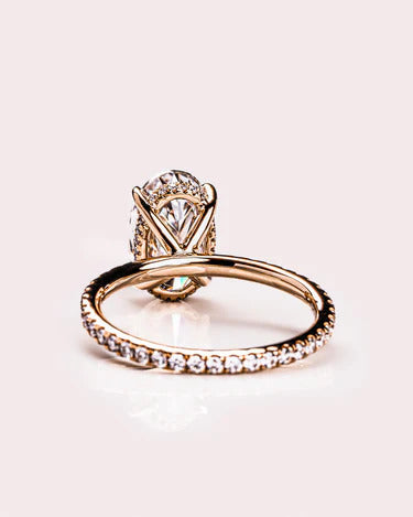 Conflict-free oval moissanite proposal ring, angled view