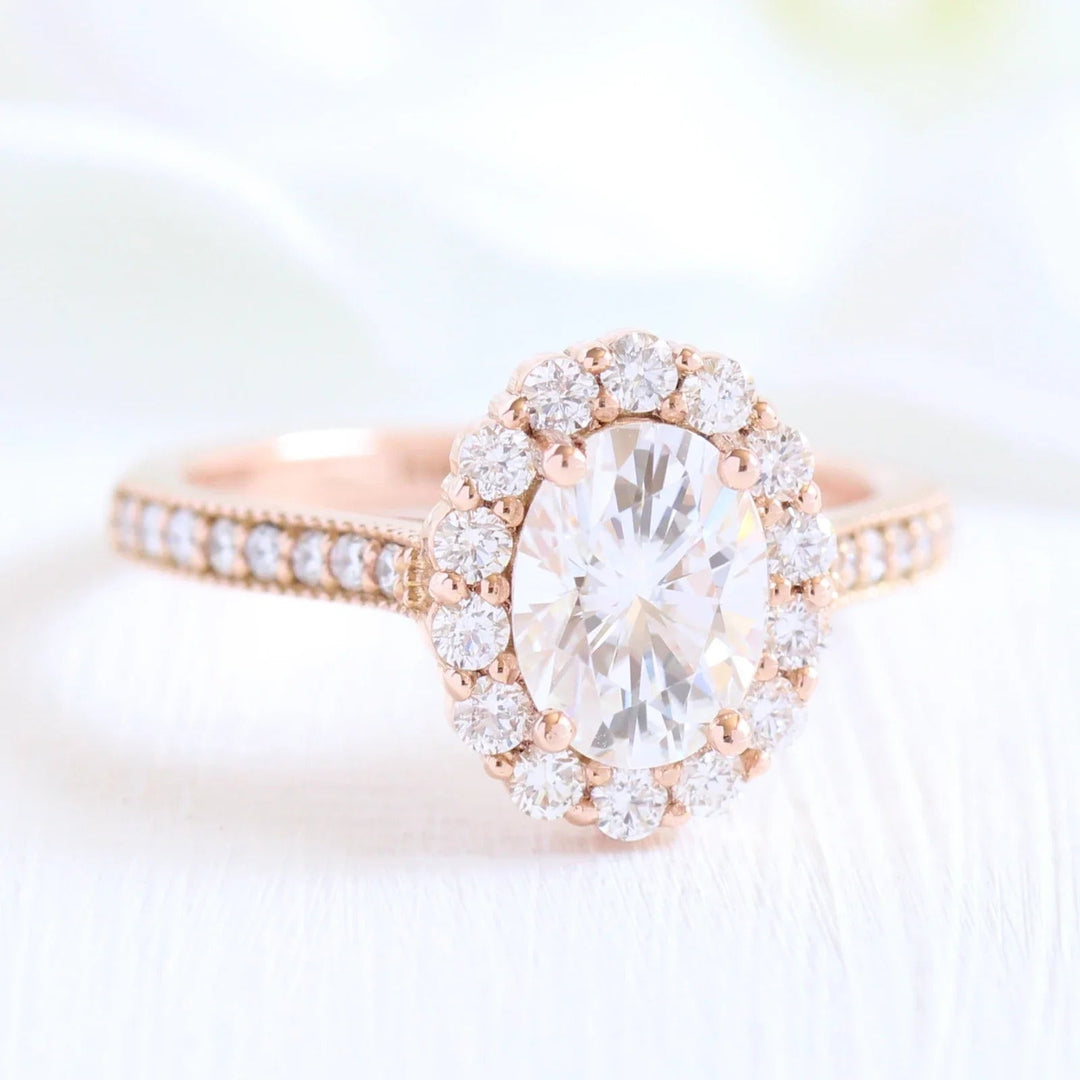 Affordable 2 Carat Oval Luna Halo Moissanite Bridal Set