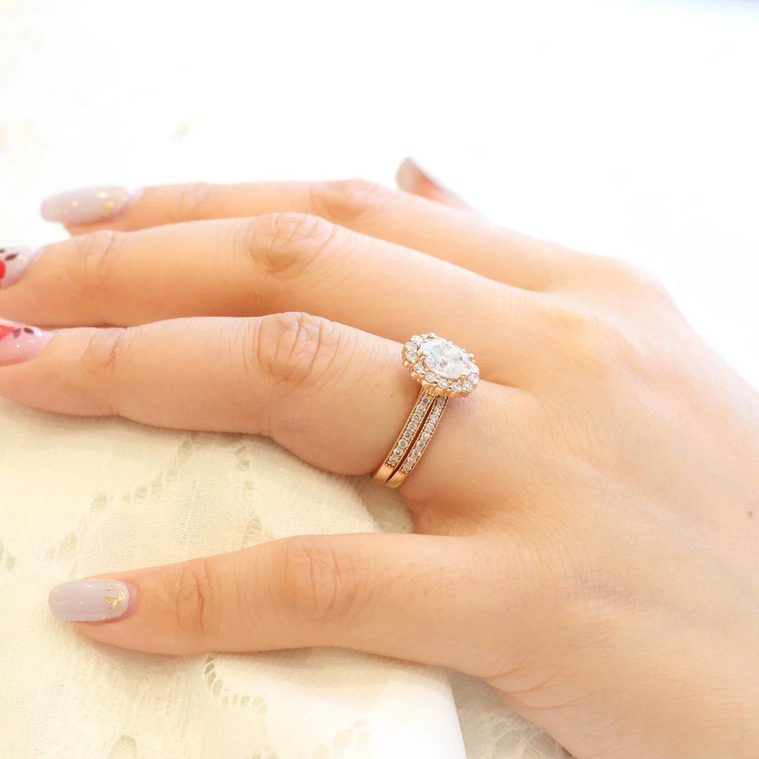 Oval Cut Moissanite Luna Halo Engagement and Wedding Ring Set