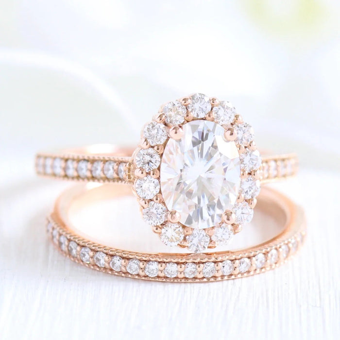 2 CT Oval Cut Luna Halo Moissanite Bridal Wedding Ring Set