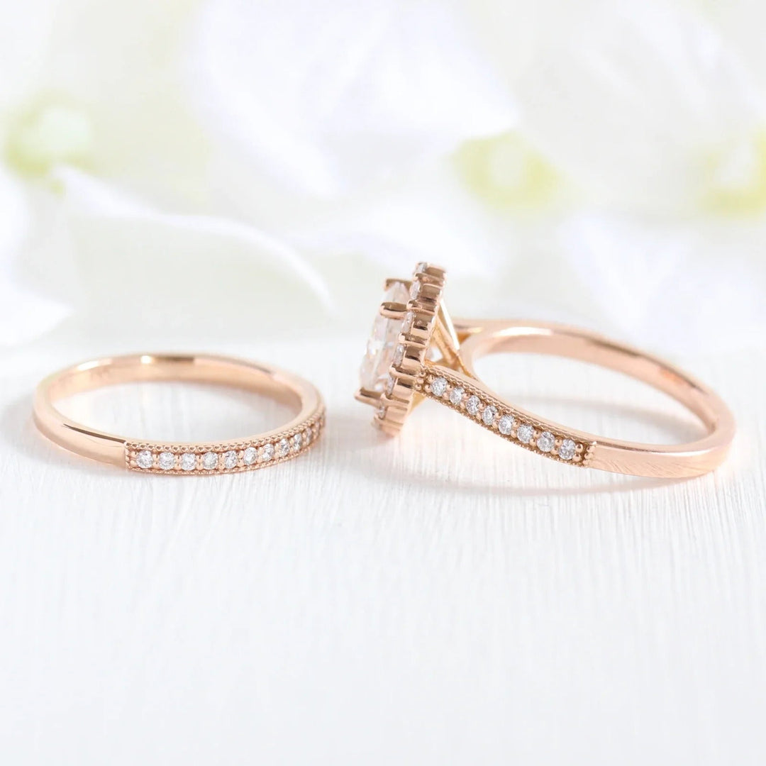 Elegant Luna Halo Oval Moissanite Bridal Ring Set USA