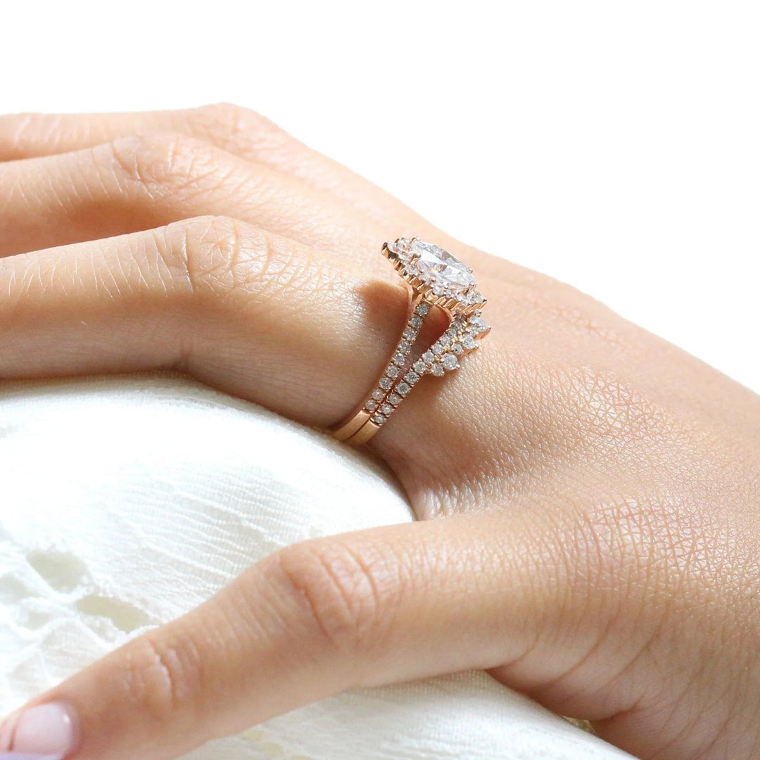 Affordable Oval Moissanite Tiara Halo Engagement and Wedding Ring Set