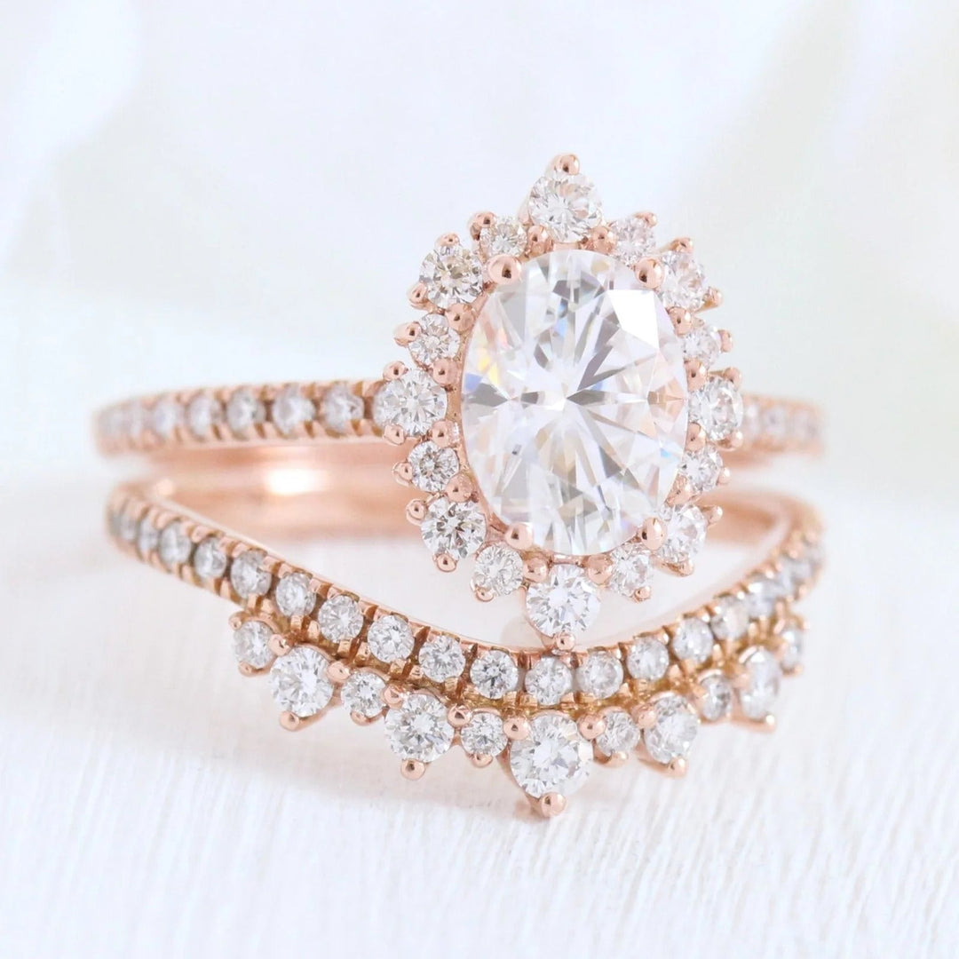 Elegant Oval Moissanite Tiara Halo Pave Bridal Ring Set USA