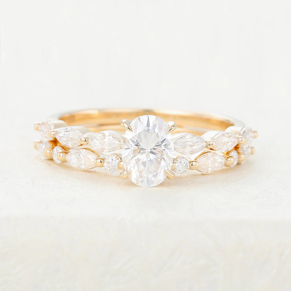 Oval Moissanite Solitaire Bridal Wedding Ring Set