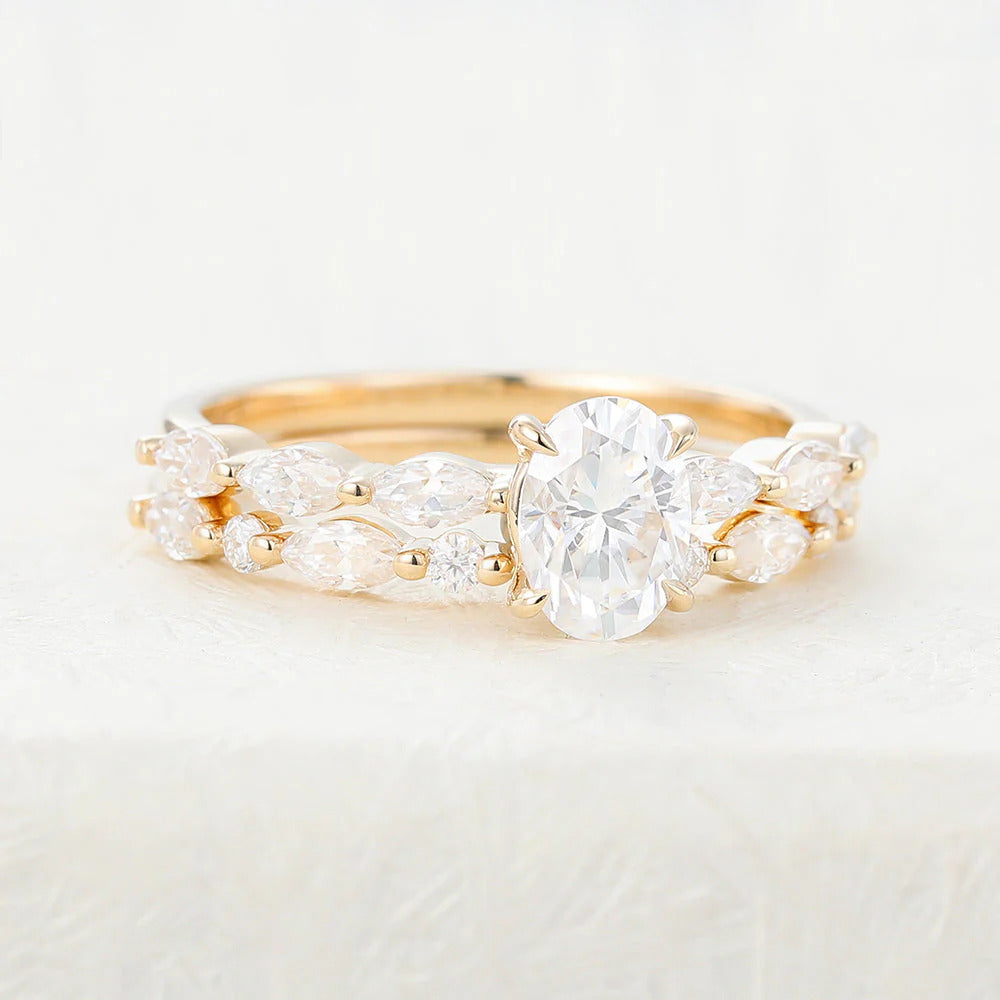 Elegant Oval Solitaire Moissanite Bridal Wedding Ring Set USA