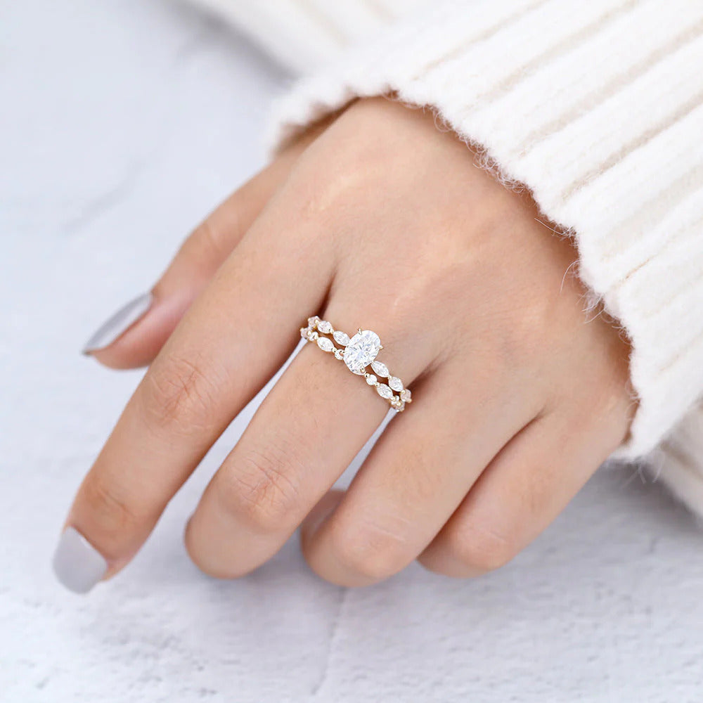 Oval Moissanite Solitaire Engagement Ring with Matching Band