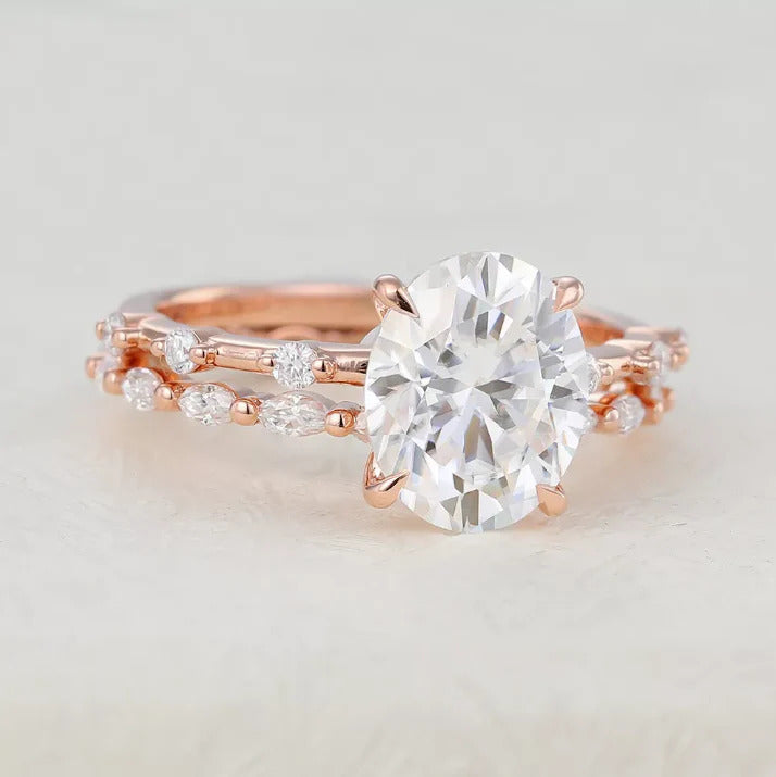Elegant Oval Solitaire Moissanite Bridal Wedding Ring Set USA