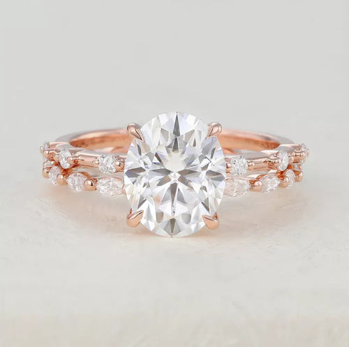 Oval Moissanite Solitaire Wedding Bridal Ring Set