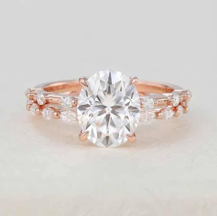 Oval Moissanite Solitaire Wedding Bridal Ring Set