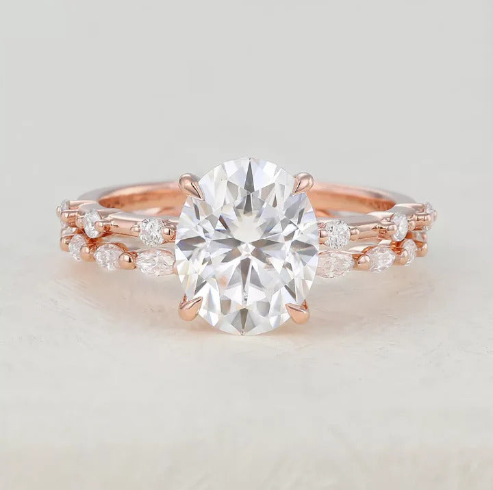 Oval Moissanite Solitaire Wedding Bridal Ring Set