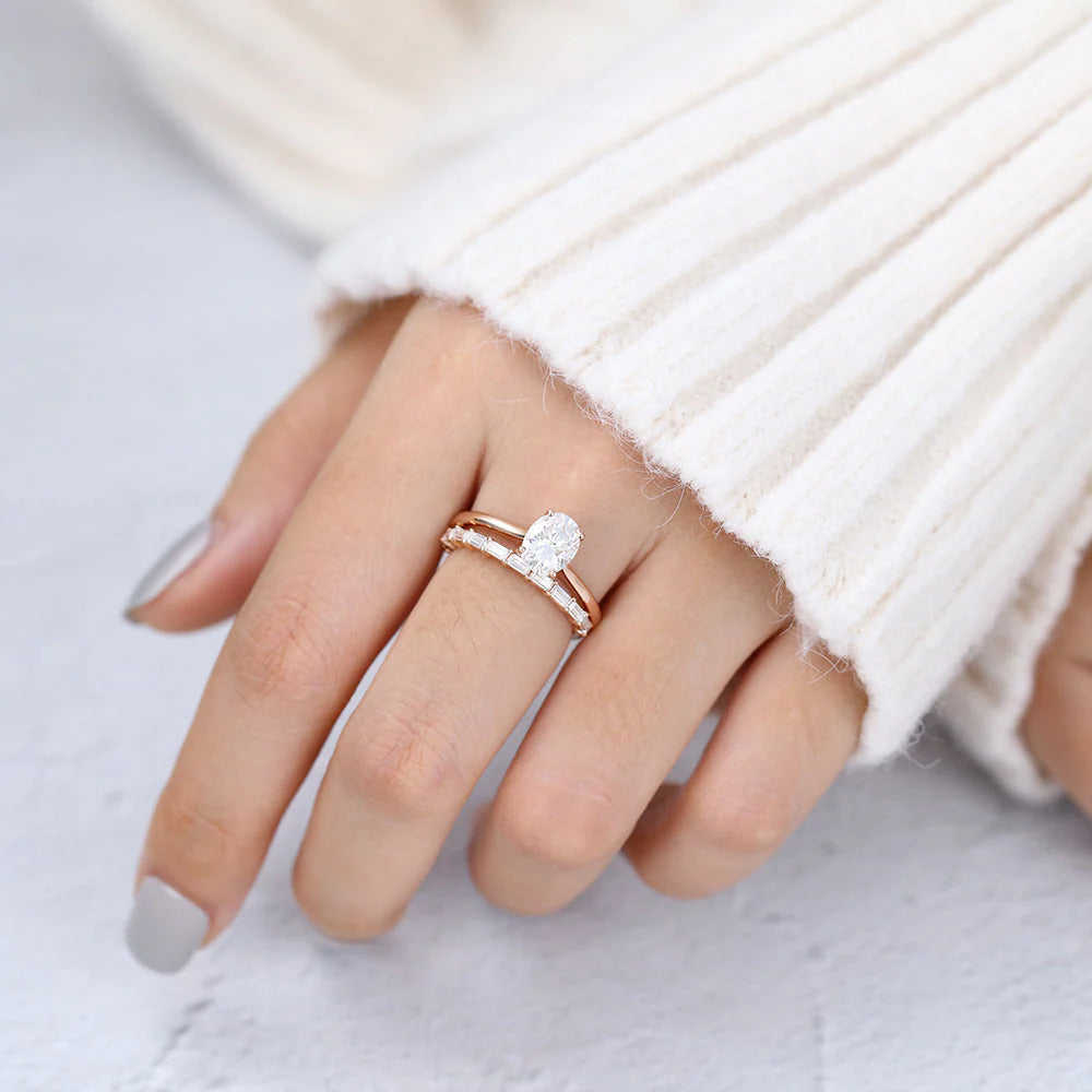Affordable Oval Moissanite Solitaire Engagement and Wedding Ring Set