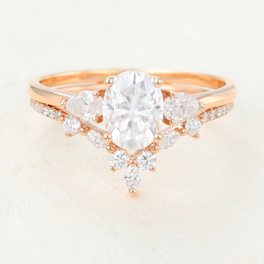 Oval Moissanite Three Stones Bridal Ring Set