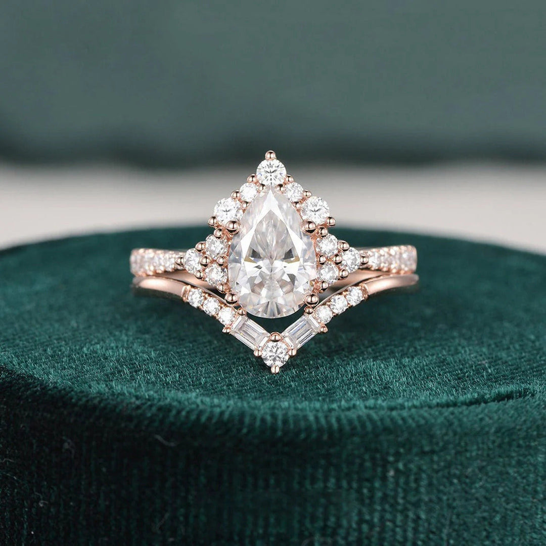 1.50 CT Pear Cut Art Deco Moissanite Bridal Wedding Ring Set Mapple Gems