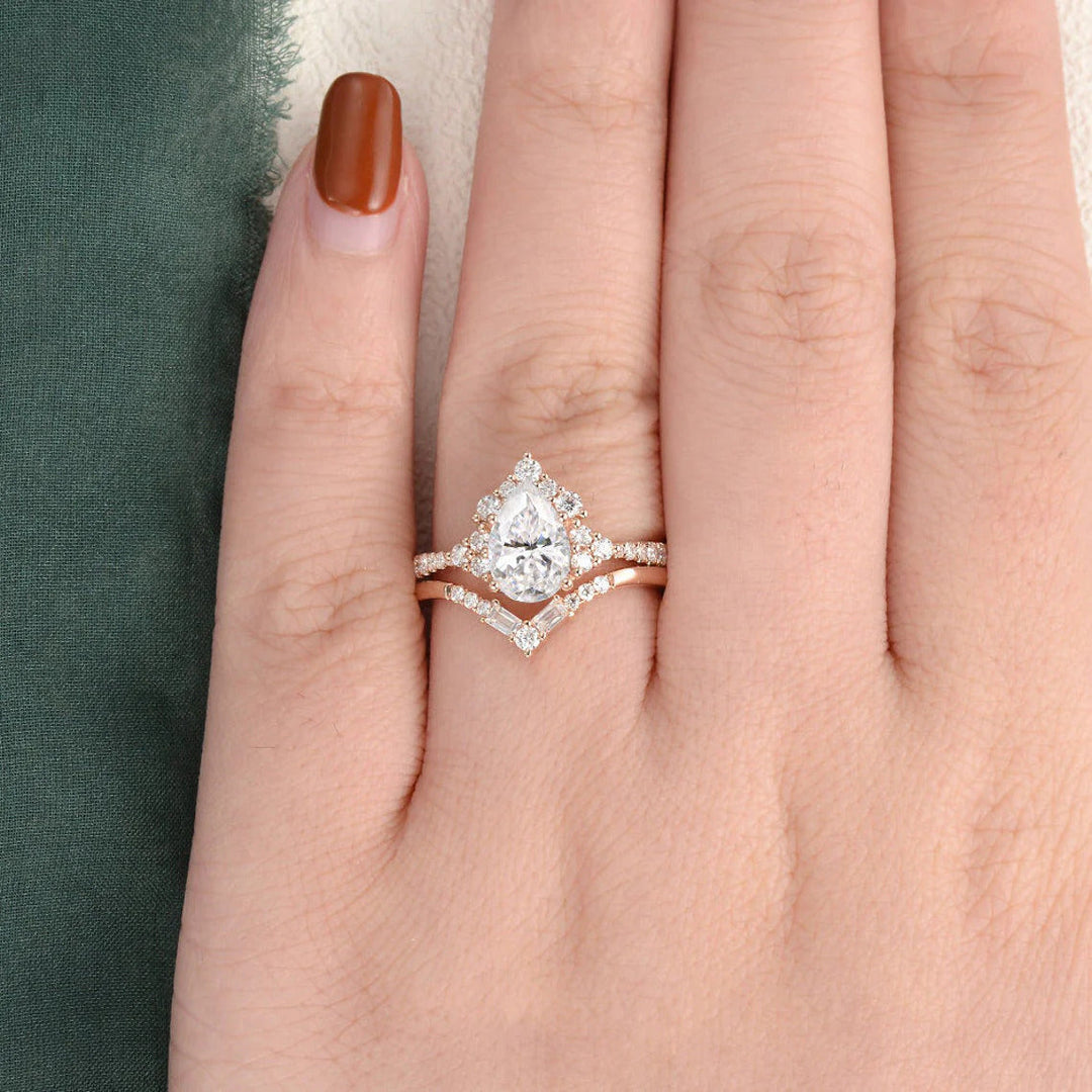1.50 CT Pear Cut Art Deco Moissanite Bridal Wedding Ring Set Mapple Gems