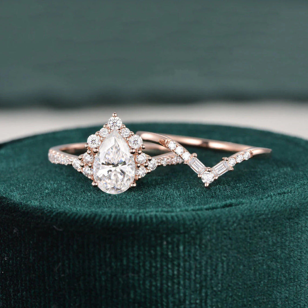 1.50 CT Pear Cut Art Deco Moissanite Bridal Wedding Ring Set Mapple Gems