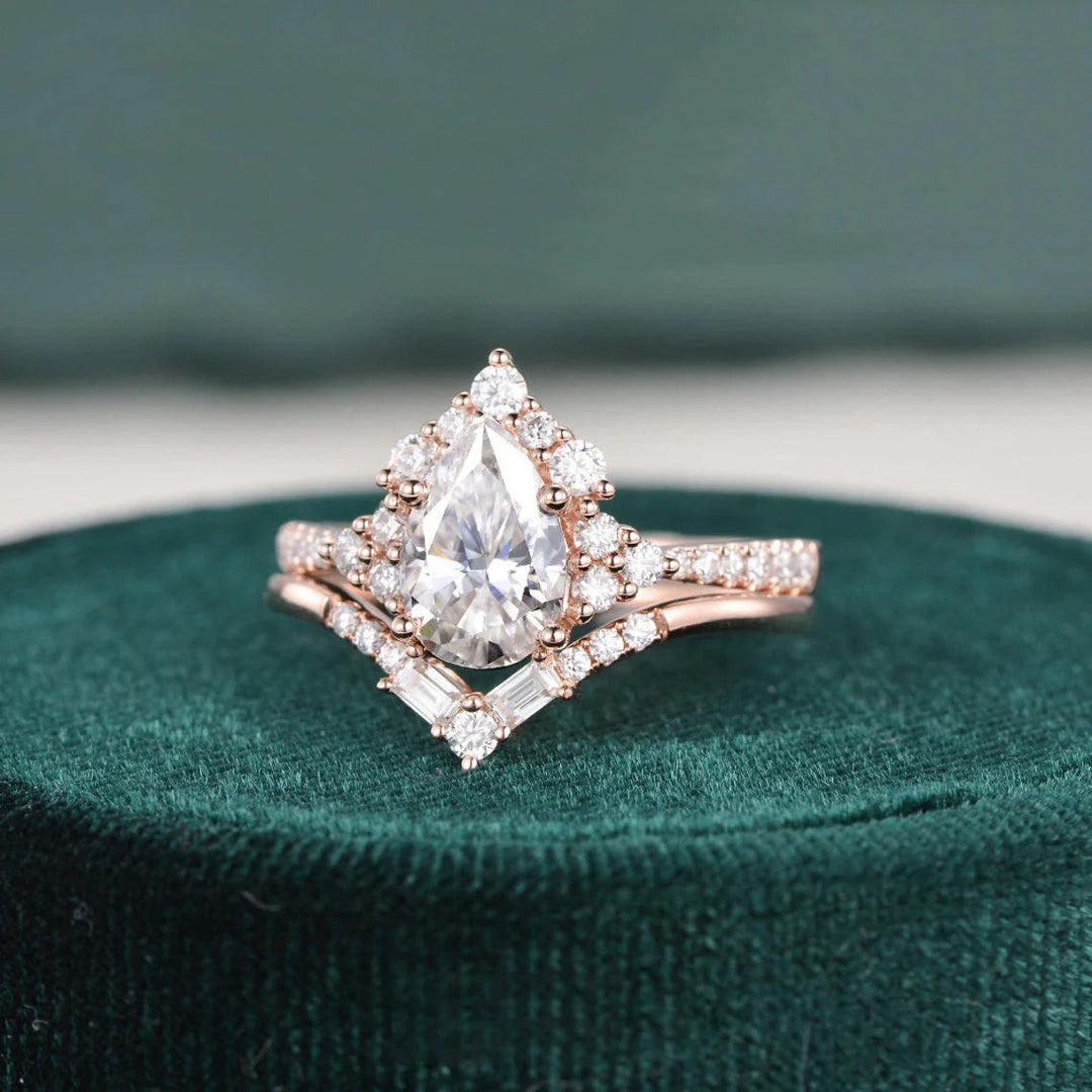 1.50 CT Pear Cut Art Deco Moissanite Bridal Wedding Ring Set Mapple Gems