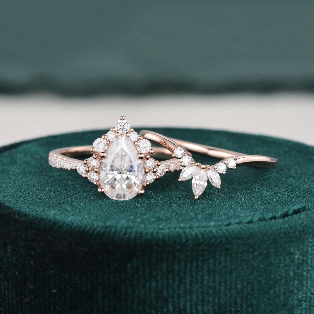 1.50 CT Pear Cut Cluster Moissanite Bridal Ring Set Mapple Gems