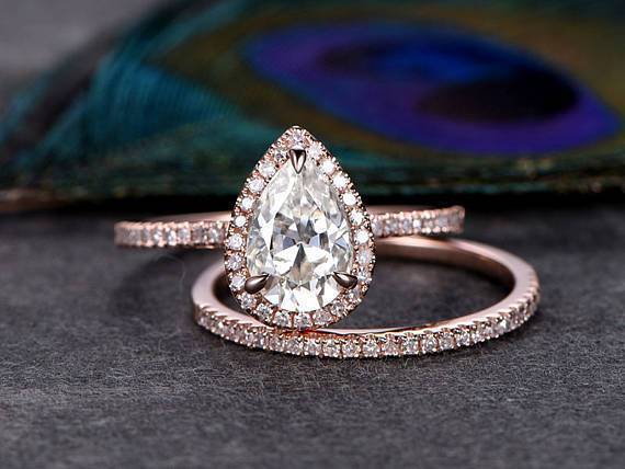 1.0 CT Pear Cut Halo Moissanite Wedding Bridal Ring Set Mapple Gems