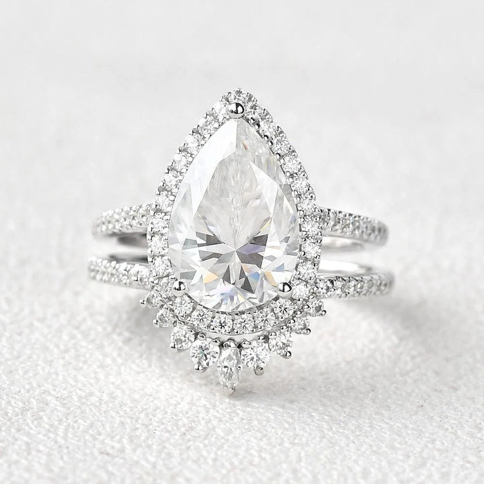 Pear Cut Moissanite Halo Engagement Ring with Curved Stacking Band Mapple Gems