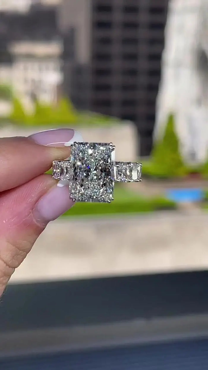 Radiant Cut Moissanite Diamond Ring – Three-Side Pave, Hidden Halo Modern Proposal & Anniversary Ring