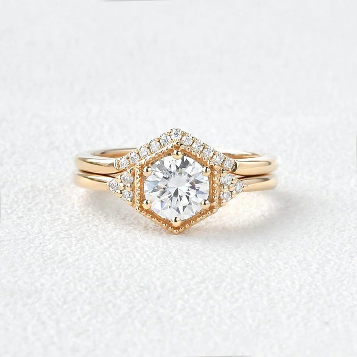 2 CT Round Brilliant Cut Moissanite Bridal Engagement Ring Set Hexagon Style Mapple Gems