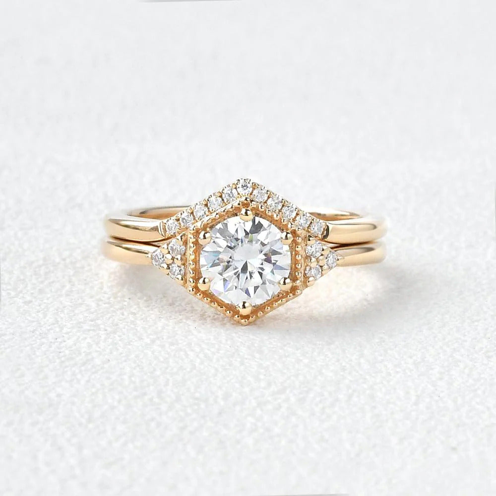 2 CT Round Brilliant Cut Moissanite Bridal Engagement Ring Set Hexagon Style Mapple Gems