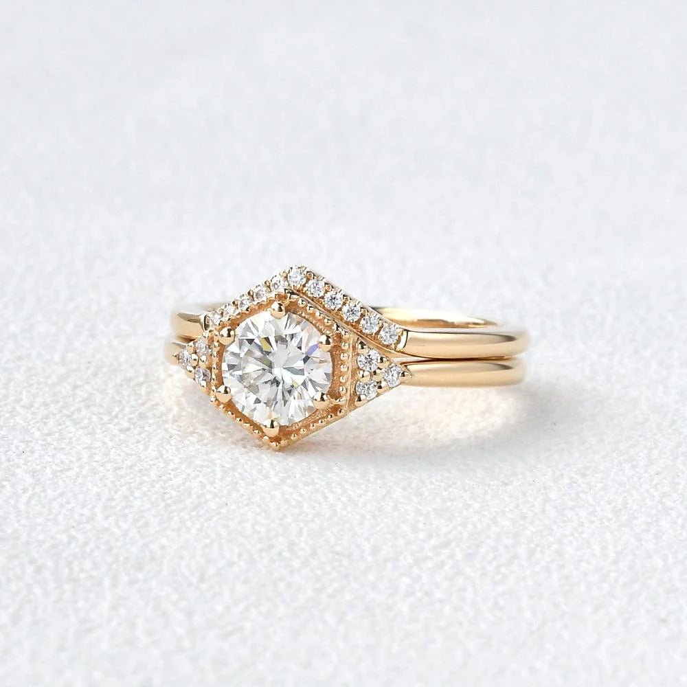 2 CT Round Brilliant Cut Moissanite Bridal Engagement Ring Set Hexagon Style Mapple Gems