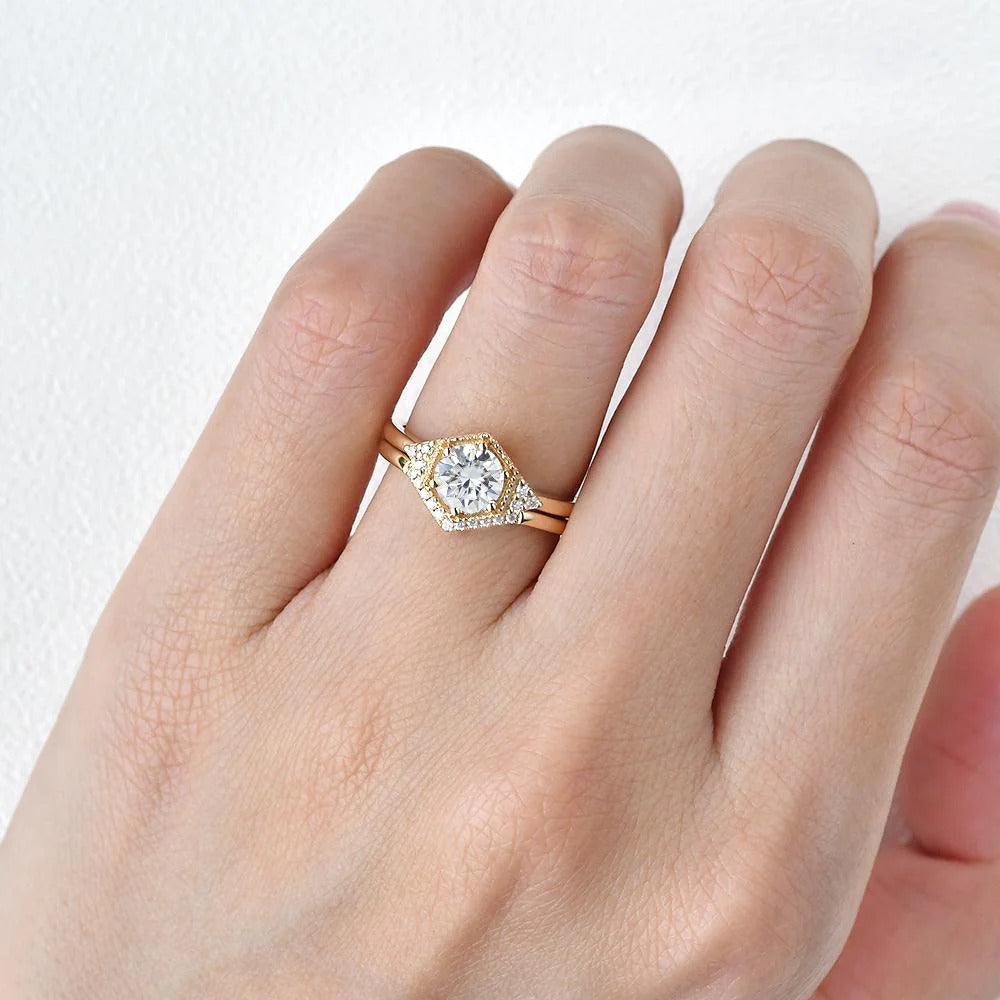 2 CT Round Brilliant Cut Moissanite Bridal Engagement Ring Set Hexagon Style Mapple Gems