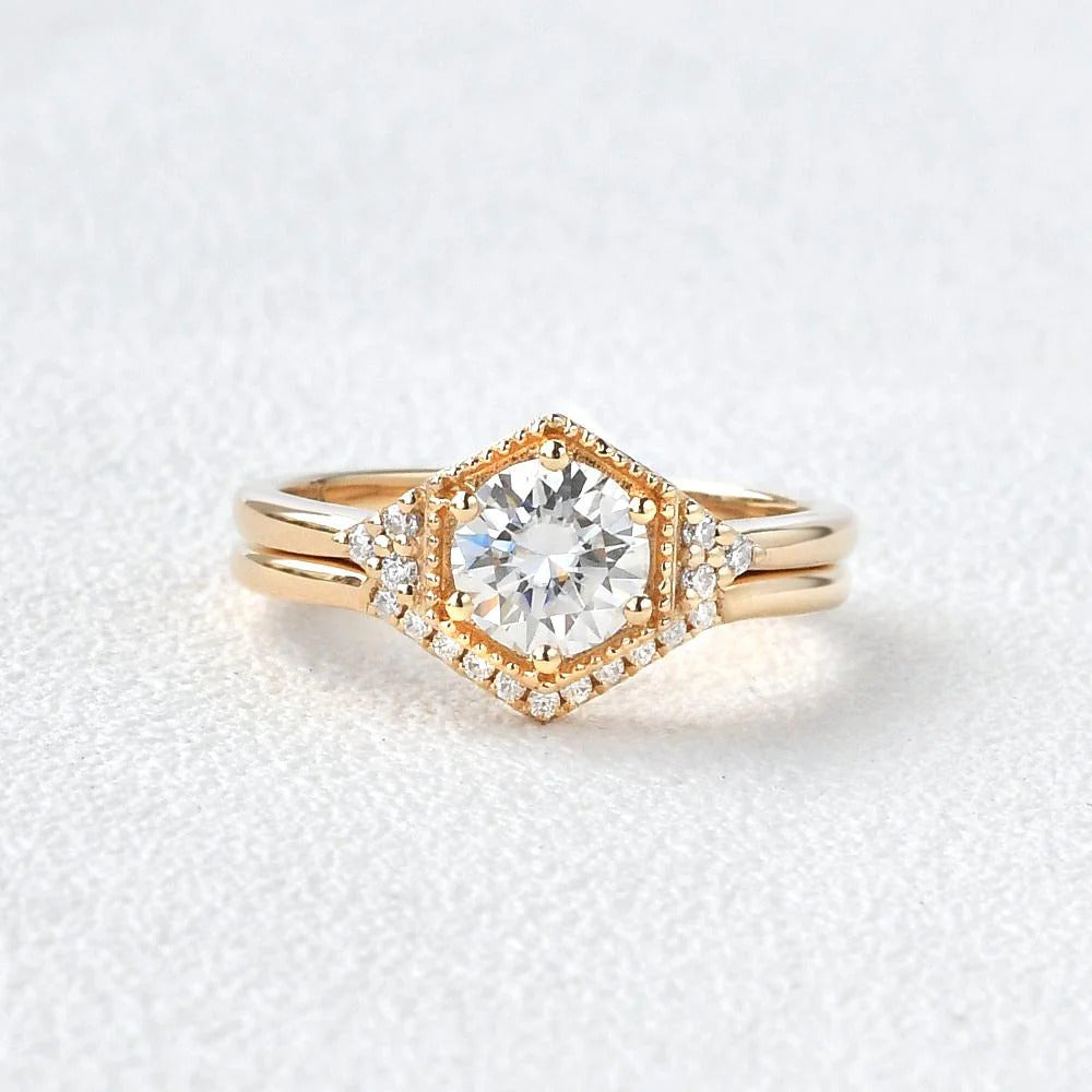 2 CT Round Brilliant Cut Moissanite Bridal Engagement Ring Set Hexagon Style Mapple Gems