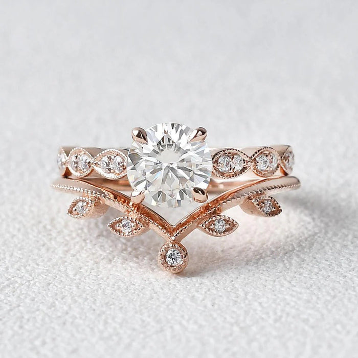 Round Brilliant Cut Solitaire Moissanite Wedding Ring with Curved Stacking Band Mapple Gems