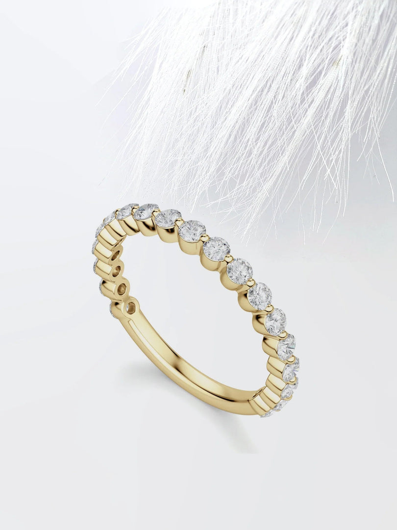 Round Cut Moissanite Shared Prong Diamond Wedding Band in Gold Mapple Gems