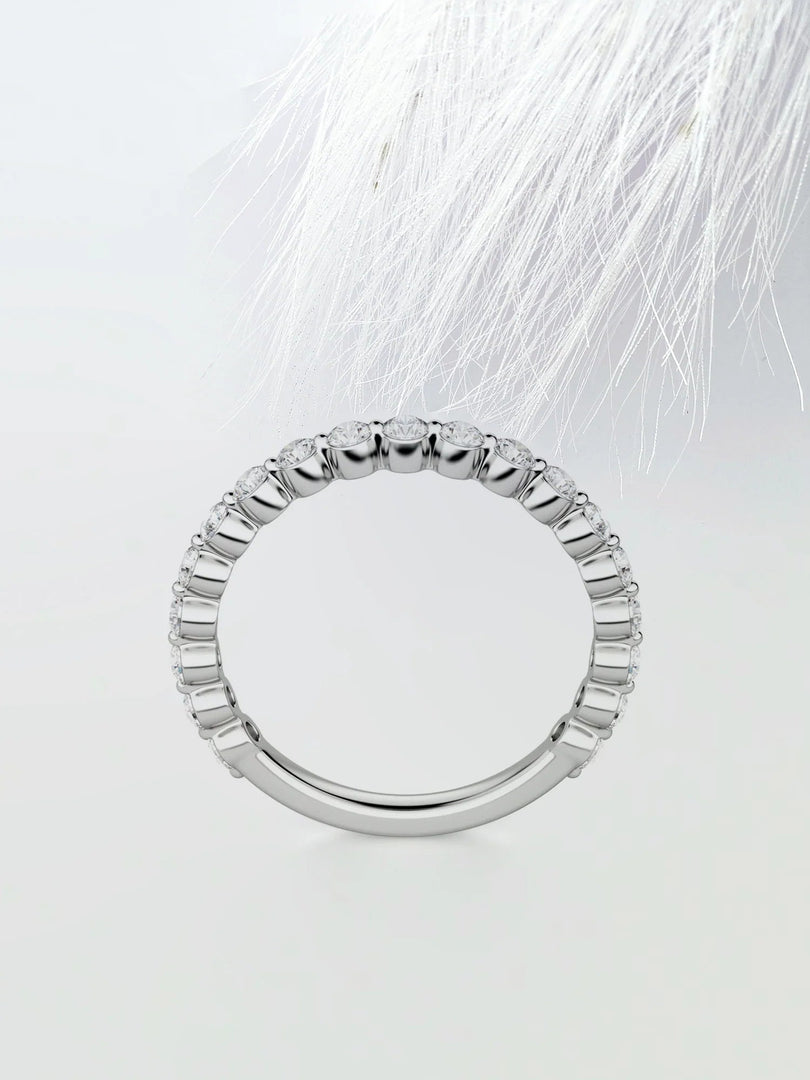 Round Cut Moissanite Shared Prong Diamond Wedding Band in Gold Mapple Gems