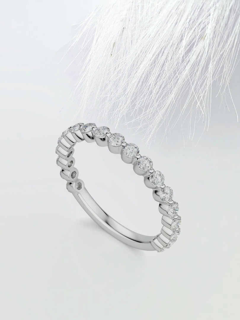 Round Cut Moissanite Shared Prong Diamond Wedding Band in Gold Mapple Gems