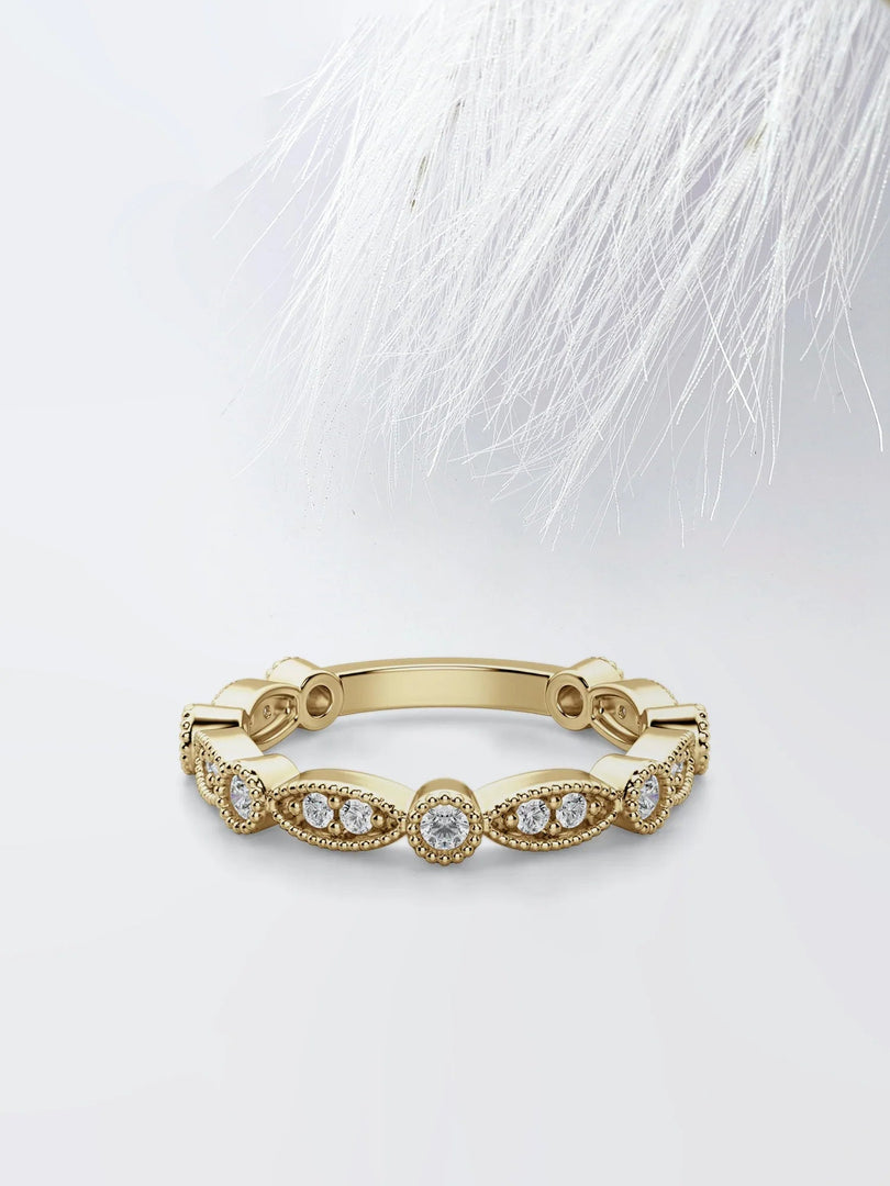Round Cut Moissanite Vintage Diamond Wedding Band in Solid Gold Mapple Gems
