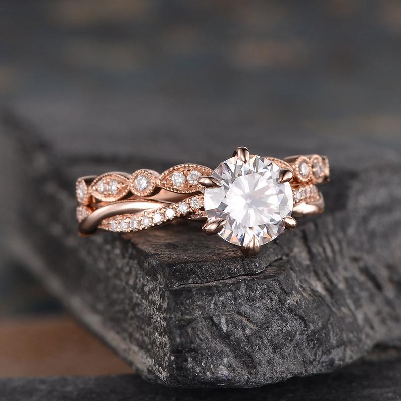 1.50 CT Round Cut Moissanite Bridal Ring Set Solitaire Milgrain Style Mapple Gems