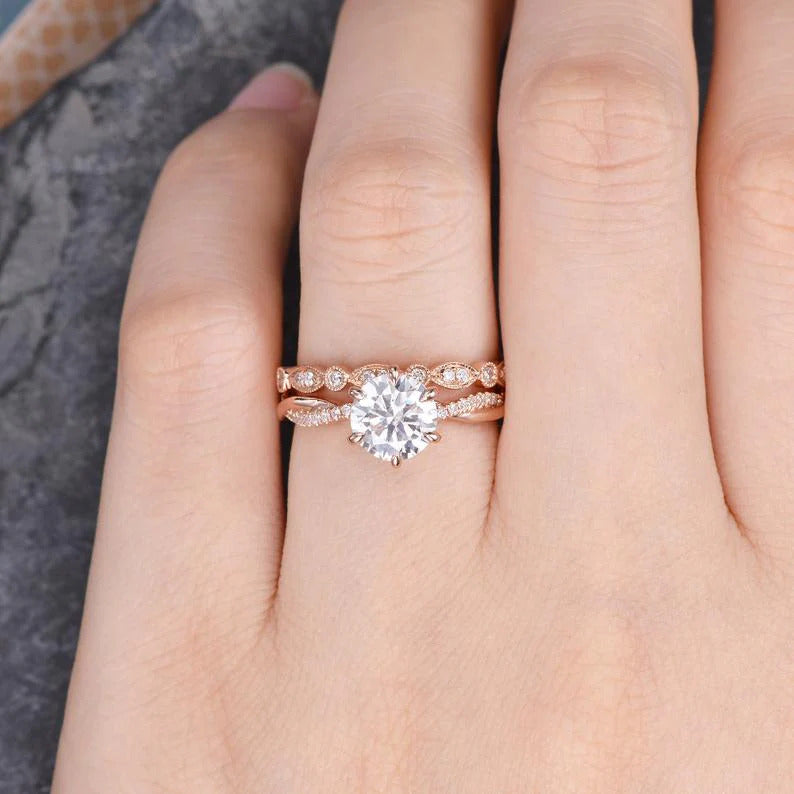 1.50 CT Round Cut Moissanite Bridal Ring Set Solitaire Milgrain Style Mapple Gems