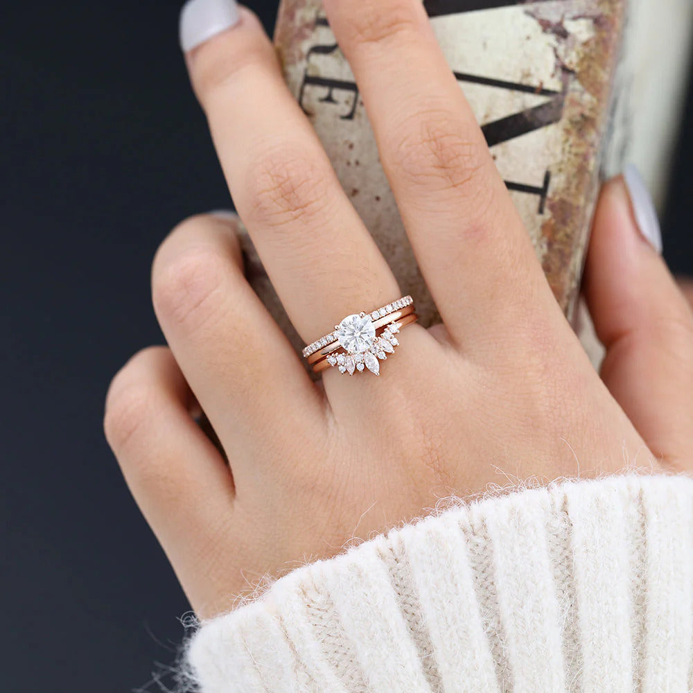 Round Moissanite Solitaire Bridal Wedding Ring Set Three Band Design Mapple Gems