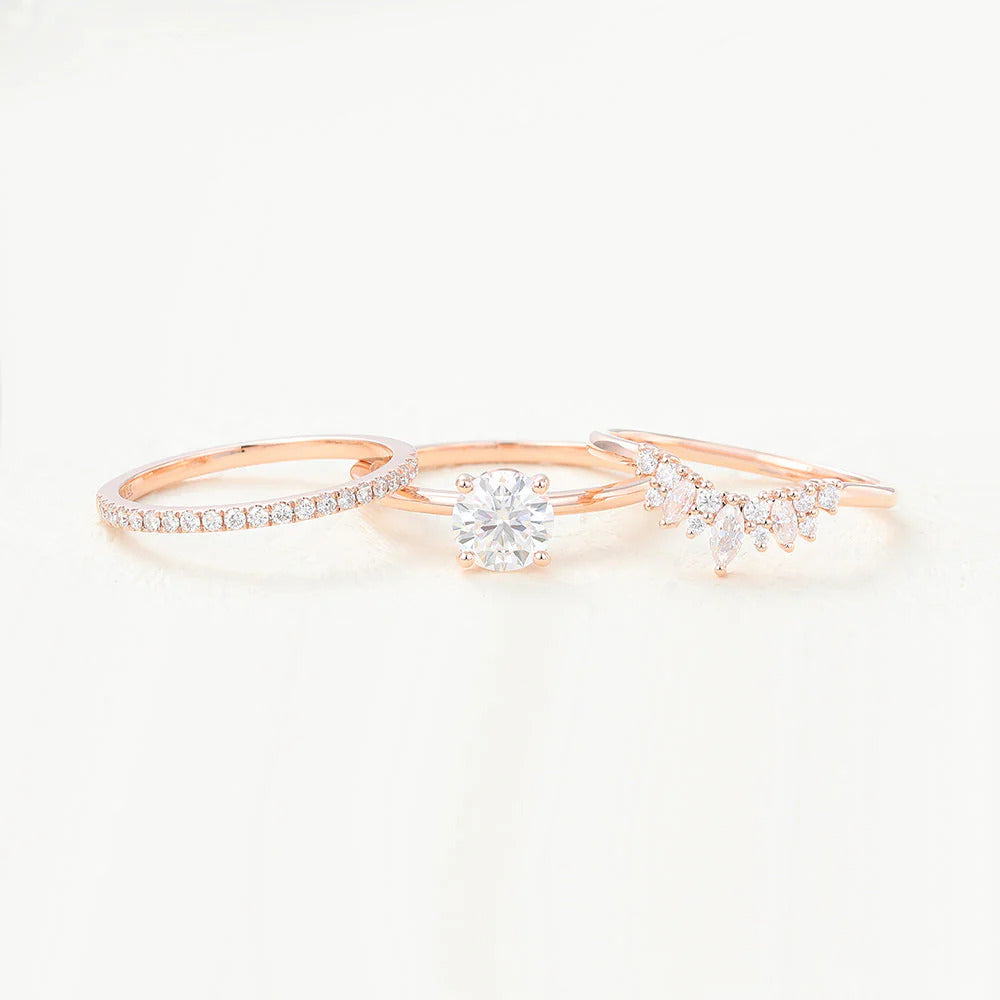 Round Moissanite Solitaire Bridal Wedding Ring Set Three Band Design Mapple Gems