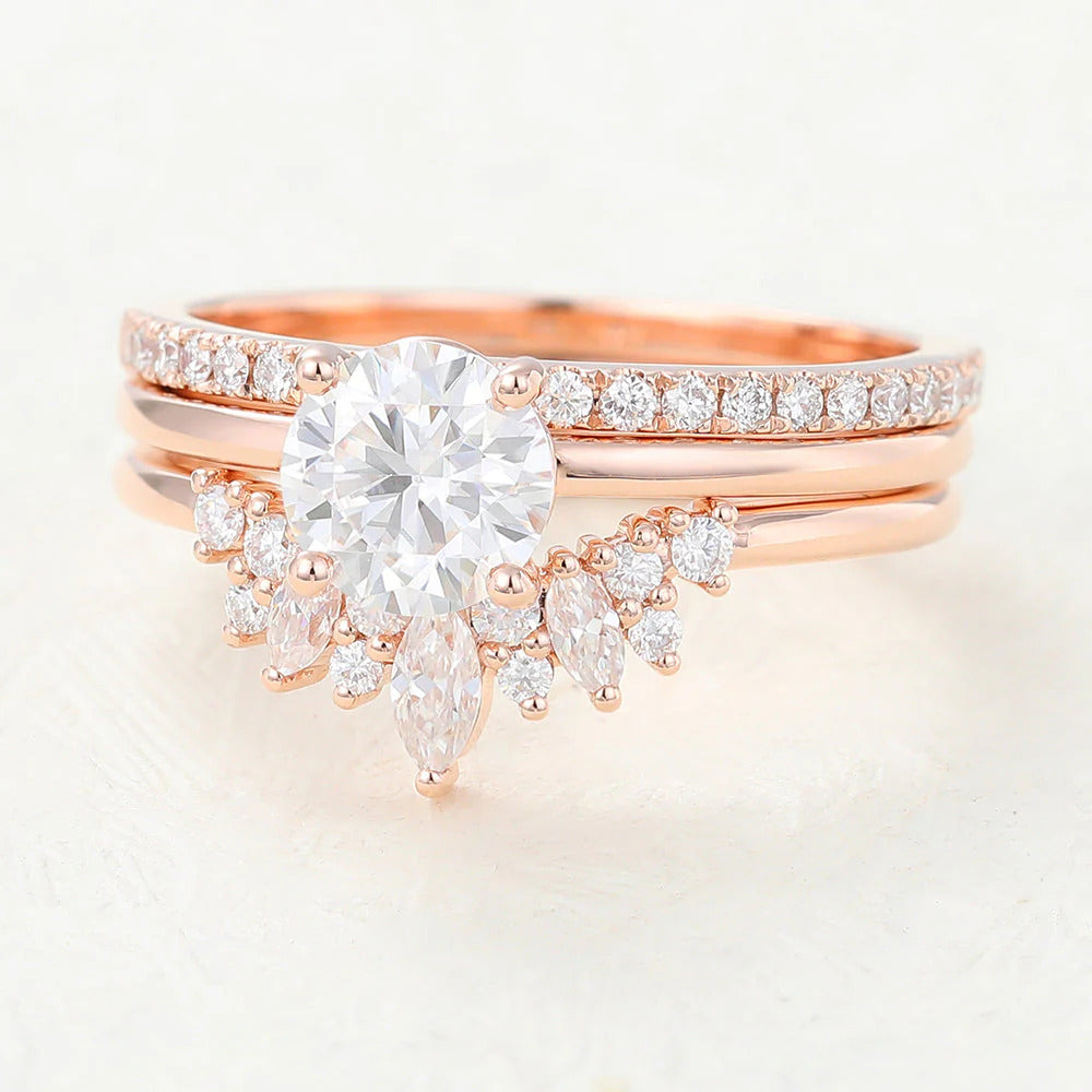 Round Moissanite Solitaire Bridal Wedding Ring Set Three Band Design Mapple Gems