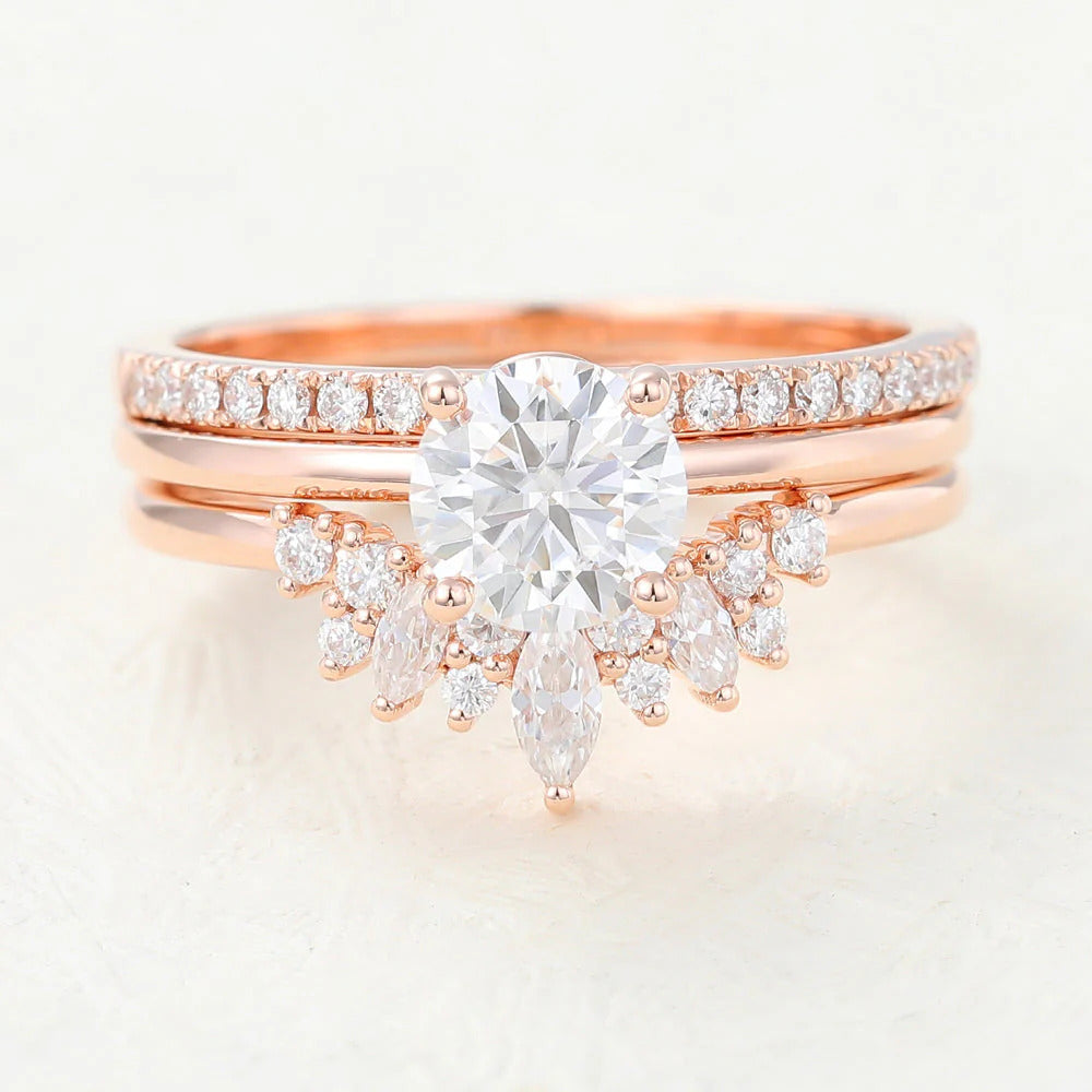 Round Moissanite Solitaire Bridal Wedding Ring Set Three Band Design Mapple Gems