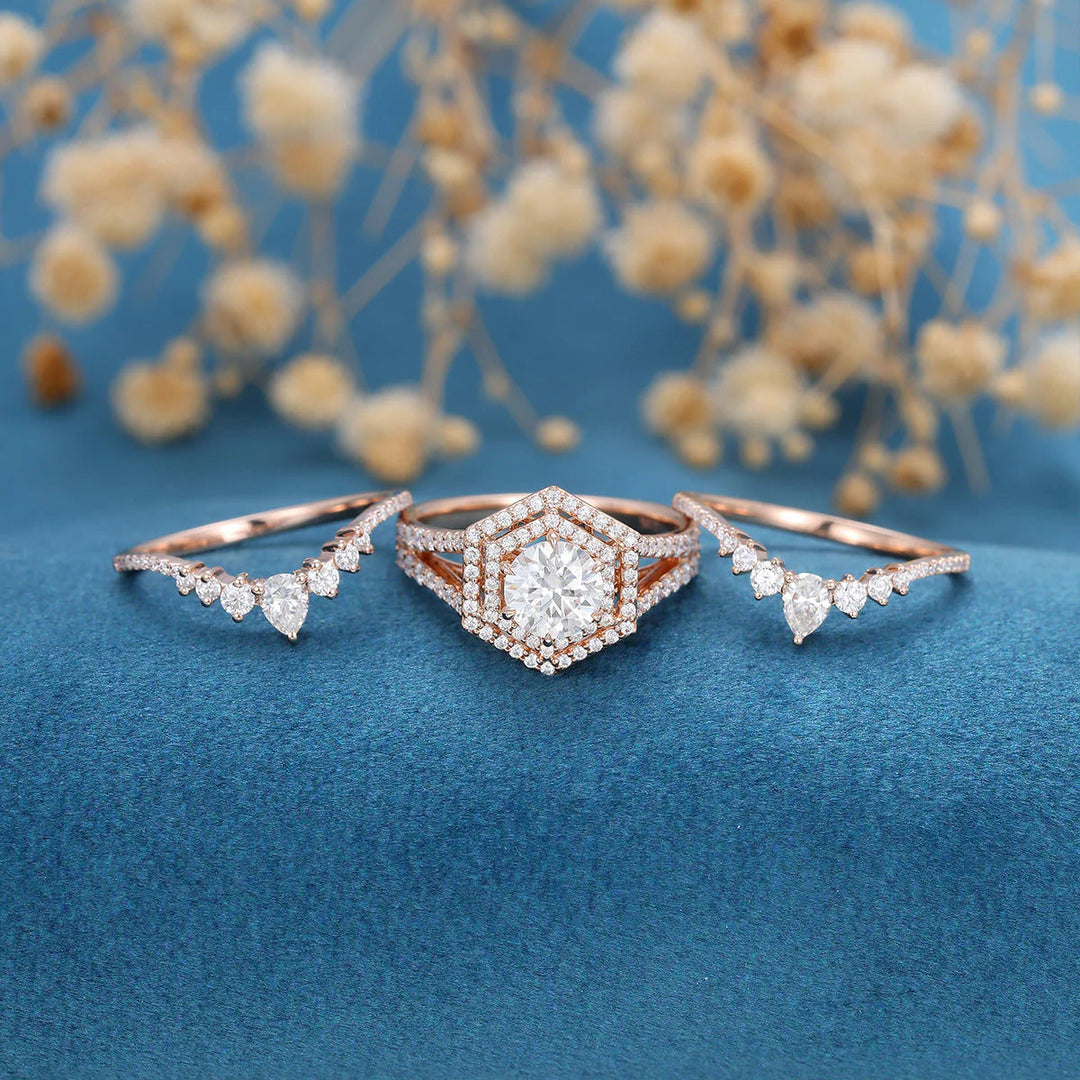 2 CT Round Moissanite Double Halo Bridal Set Engagement Ring & Band Mapple Gems