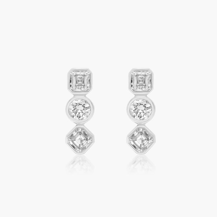 Asscher Cut Moissanite Round Three Stone Earrings - hero