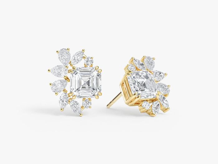 Pair of asscher cluster halo lab grown diamond stud earrings in yellow gold, E color VVS2 lab grown diamonds