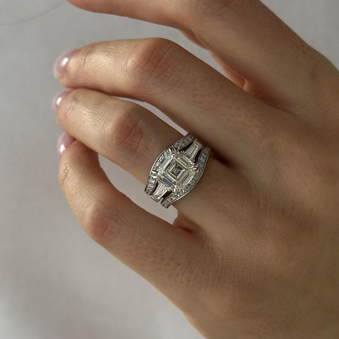 Asscher lab grown diamond and tapered baguette ring framed by curved pave bands, front view