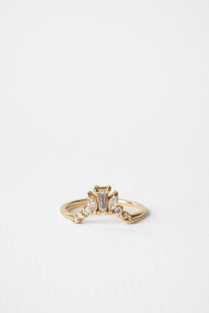 Baguette, pear and round moissanite curved crown wedding band 0.33 CT TW in yellow gold, front view